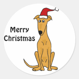 Sticker Rond Drôle Chien Greyhound à Santa Hat Art de Noël