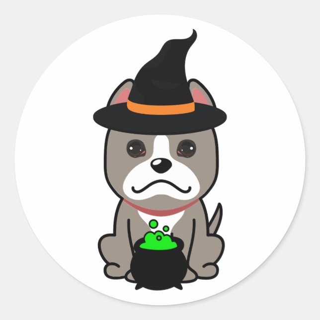 Sticker Rond Drôle chien gris est une sorcière (Devant)
