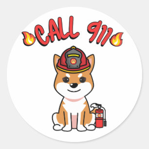 Sticker Rond Drôle chien orange est pompier