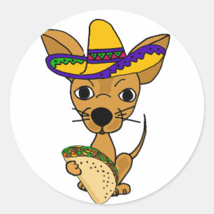 Sticker Rond Drôle Chihuahua mangeant Taco Cartoon