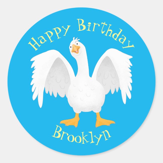 Sticker Rond Drôle curieuse dessin animé d'oie domestique (Devant)