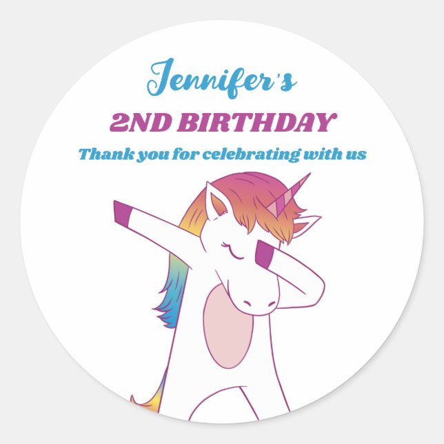 Sticker Rond Drôle Dabbing Unicorn Anniversaire de enfant Party (Devant)