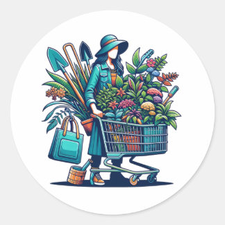 Sticker Rond Drôle dame avec panier rempli de Plantes