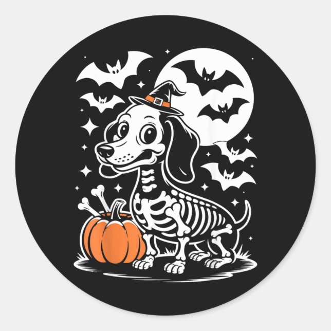 Sticker Rond Drôle de chien squelette d'Halloween os de chiot e (Devant)