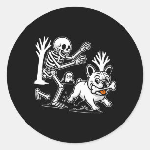 Sticker Rond Drôle de chien squelette Halloween saison effrayan