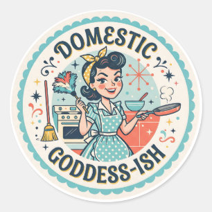 Sticker Rond Drôle de Déesse Domestique des Années 50-60