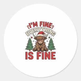 Sticker Rond Drôle de Noël Vache des Highlands Je vais bien Tou