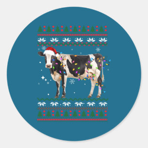 Sticker Rond Drôle de pull de Noël moche vache laitière agricul