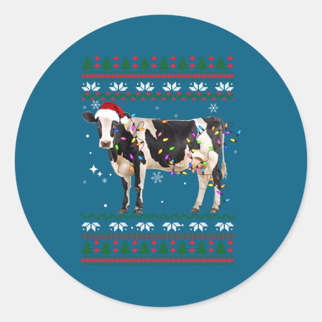 Sticker Rond Drôle de pull de Noël moche vache laitière agricul (Devant)