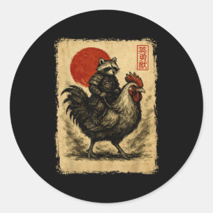 Sticker Rond Drôle de Raton laveur Coq Poulet Japonais Uki