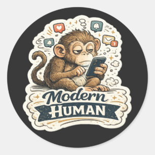 Sticker Rond Drôle de Singe Humain Moderne Smartphone Réseaux S