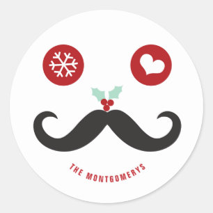 Sticker Rond Drôle de visage de moustache de vacances de Noël