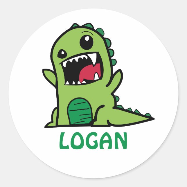 Sticker Rond Drôle dessin animé de dinosaure avec nom (Devant)