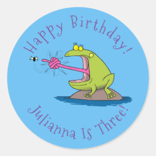 Sticker Rond Drôle dessin animé de grenouille et mouche