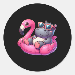 Sticker Rond Drôle d'été Hippopotame Rose Fête de Piscine Été H