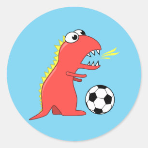 Sticker Rond Drôle Dinosaure Dessin Jouer Au Football