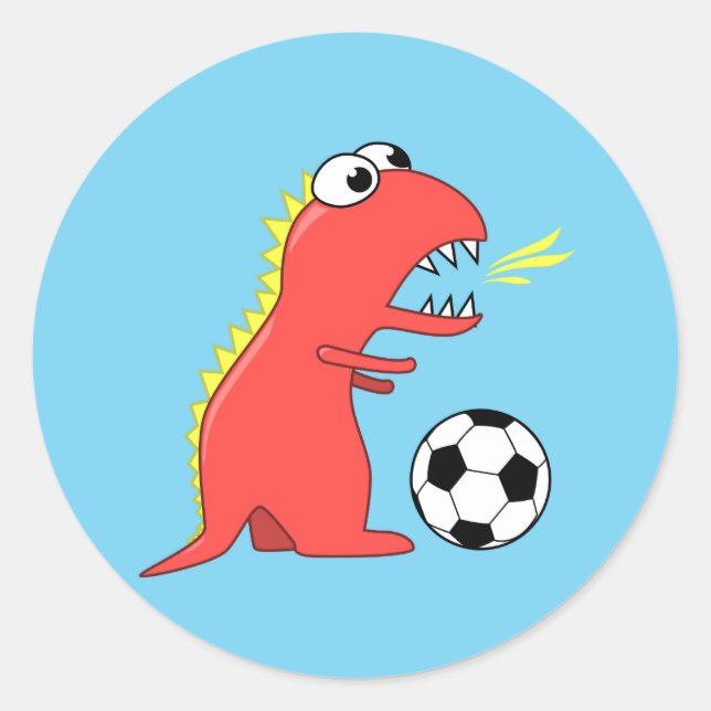 Sticker Rond Drôle Dinosaure Dessin Jouer Au Football (Devant)