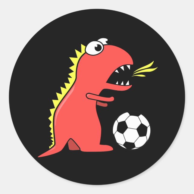 Sticker Rond Drôle Dinosaure Dessin Jouer Soccer Noir (Devant)