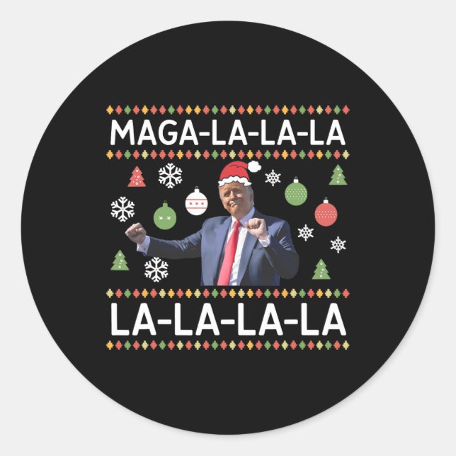 Sticker Rond Drôle Donald Trump, laide pull Noël. La La La (Devant)