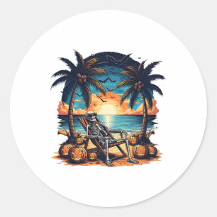 Sticker Rond Drôle été Skeleton Beach Party Halloween Vi