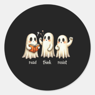 Sticker Rond Drôle Fantôme Halloween Lire Penser Résister Anti-