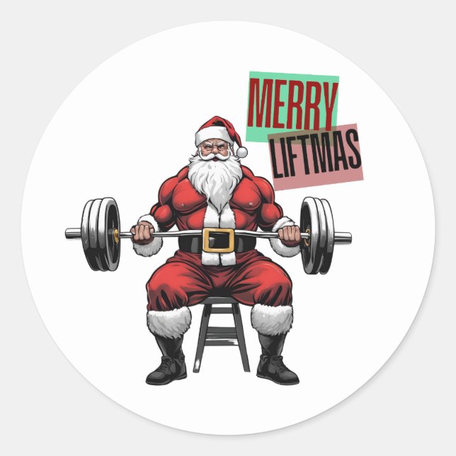 Sticker Rond Drôle Fitness Noël Vies de Noël Barbell Père Noël (Devant)