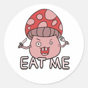Sticker Rond Drôle fou de champignons dessin animé et "Mange-mo