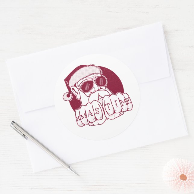 Sticker Rond Drôle Gangsta Père Noël temps Noël Knuckle Tattoo (Enveloppe)