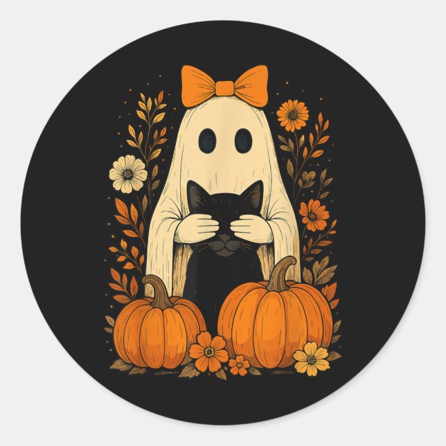 Sticker Rond Drôle Ghost Bow Holding Chat Noir Automne Hallowee (Devant)