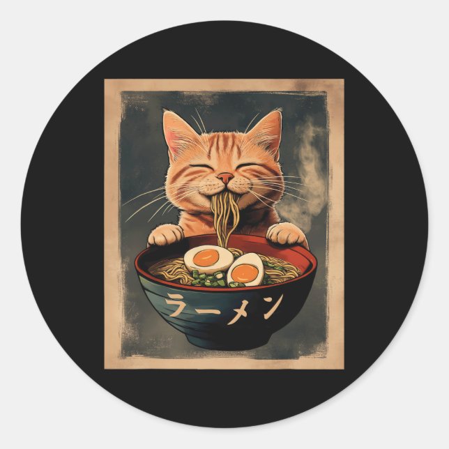 Sticker Rond Drôle Ginger Cat Ramen Japonais Graphisme Tee Kawa (Devant)