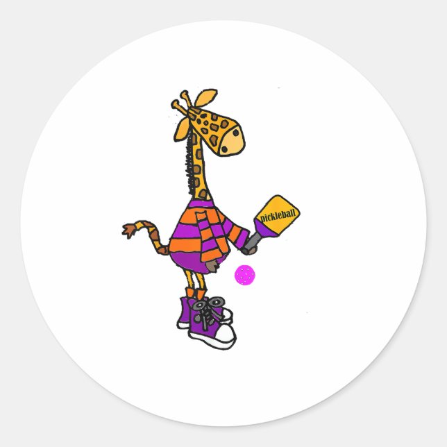 Sticker Rond Drôle Giraffe Jouer Pickleball (Devant)