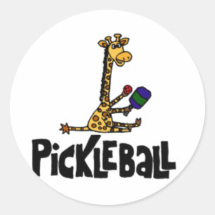 Sticker Rond Drôle Giraffe Jouer Pickleball Cartoon