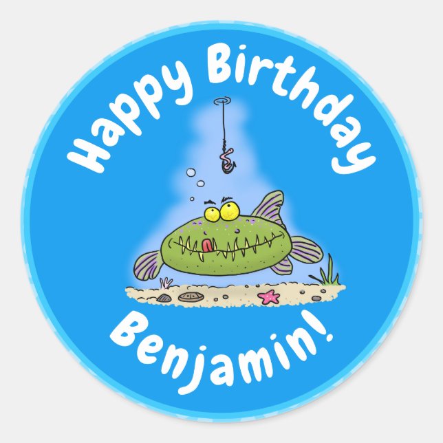 Sticker Rond Drôle gras affamé poisson vert dessin de pêche (Devant)