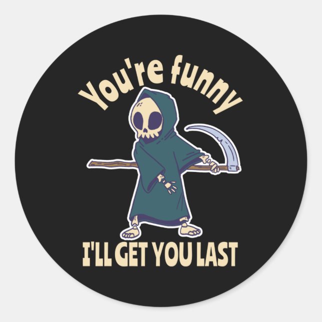 Sticker Rond Drôle Grim Reaper Squelette Halloween Costume (Devant)