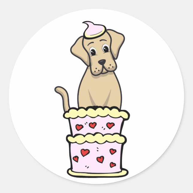 Sticker Rond Drôle gros chien sautant d'un gâteau (Devant)