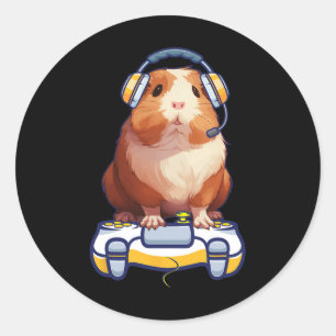 Sticker Rond Drôle Guinéen Cochon Et Vidéo Gamer Lover Fluffy C