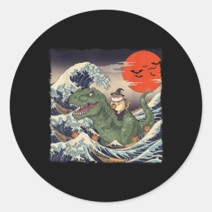 Sticker Rond Drôle Halloween Chat équitation Dinosaur Éffrayant