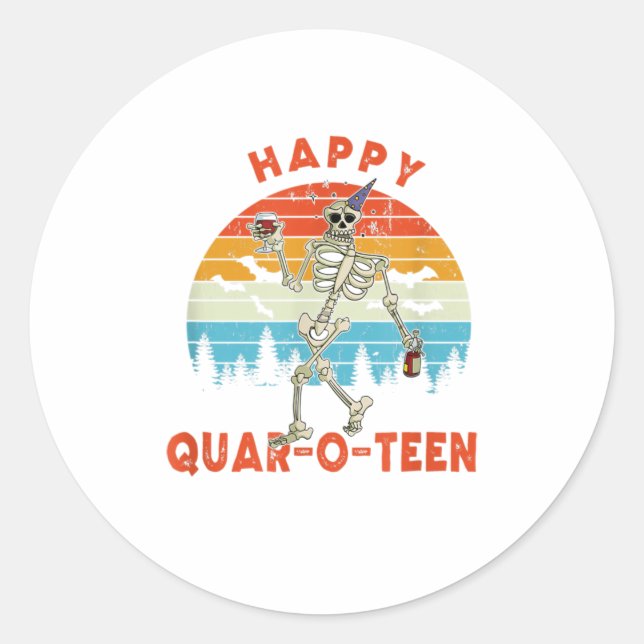 Sticker Rond Drôle Halloween Drunk Skeleton Happy Quaroteen (Devant)