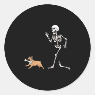 Sticker Rond Drôle Halloween Français Bulldog Et Squelette