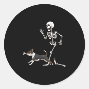 Sticker Rond Drôle Halloween Rat Terrier Et Squelette