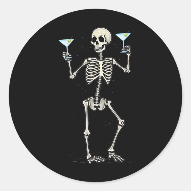 Sticker Rond Drôle Halloween Squelette Boire Martini Tail (Devant)