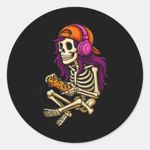 Sticker Rond Drôle Halloween Squelette Joueur Vidéo Jeu Filles