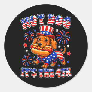 Sticker Rond Drôle Hotdog 4 juillet Dachshund Patriotique États