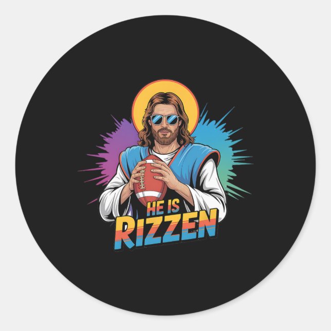 Sticker Rond Drôle Il Est Rizzen Jesus Chemise Football Garçons (Devant)