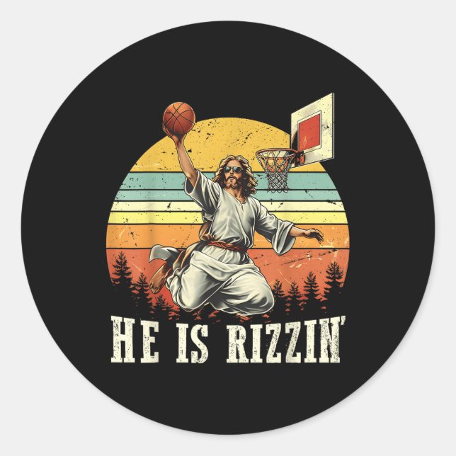 Sticker Rond Drôle Il Est Rizzin Jésus Jouant Basketball Christ (Devant)