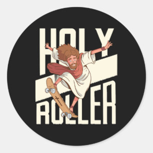 Sticker Rond Drôle Jésus patin à roulettes Holy Roller