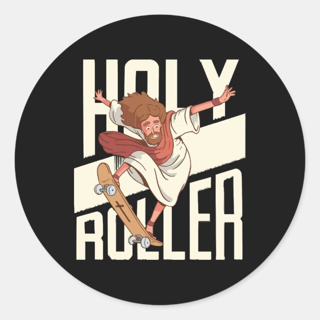 Sticker Rond Drôle Jésus patin à roulettes Holy Roller (Devant)