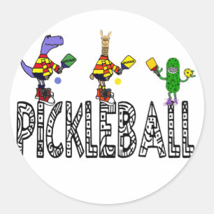 Sticker Rond Drôle Joueurs de Pickleball Animaux Cartoon