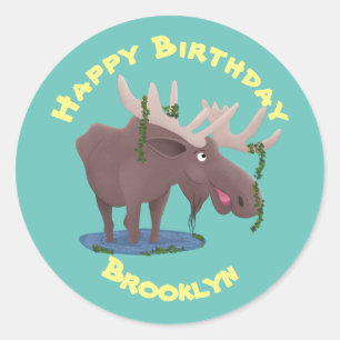 Sticker Rond Drôle joyeux dessin d'orignal illustration classiq