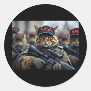 Sticker Rond Drôle Mega Cat Avec Fusil - Humoristique Donald Tr